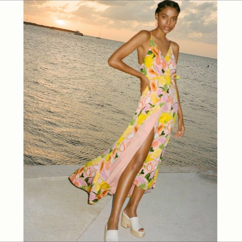 Anthro Hutch Tropical Fruit Wrap Maxi Dress - Picture 2 of 16